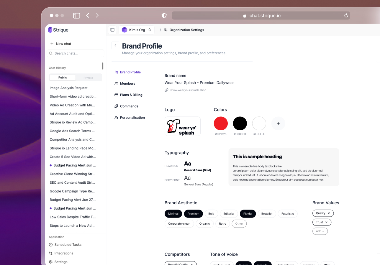 Strique brand profile screen showing logo, brand colours, typography, and tone of voice settings